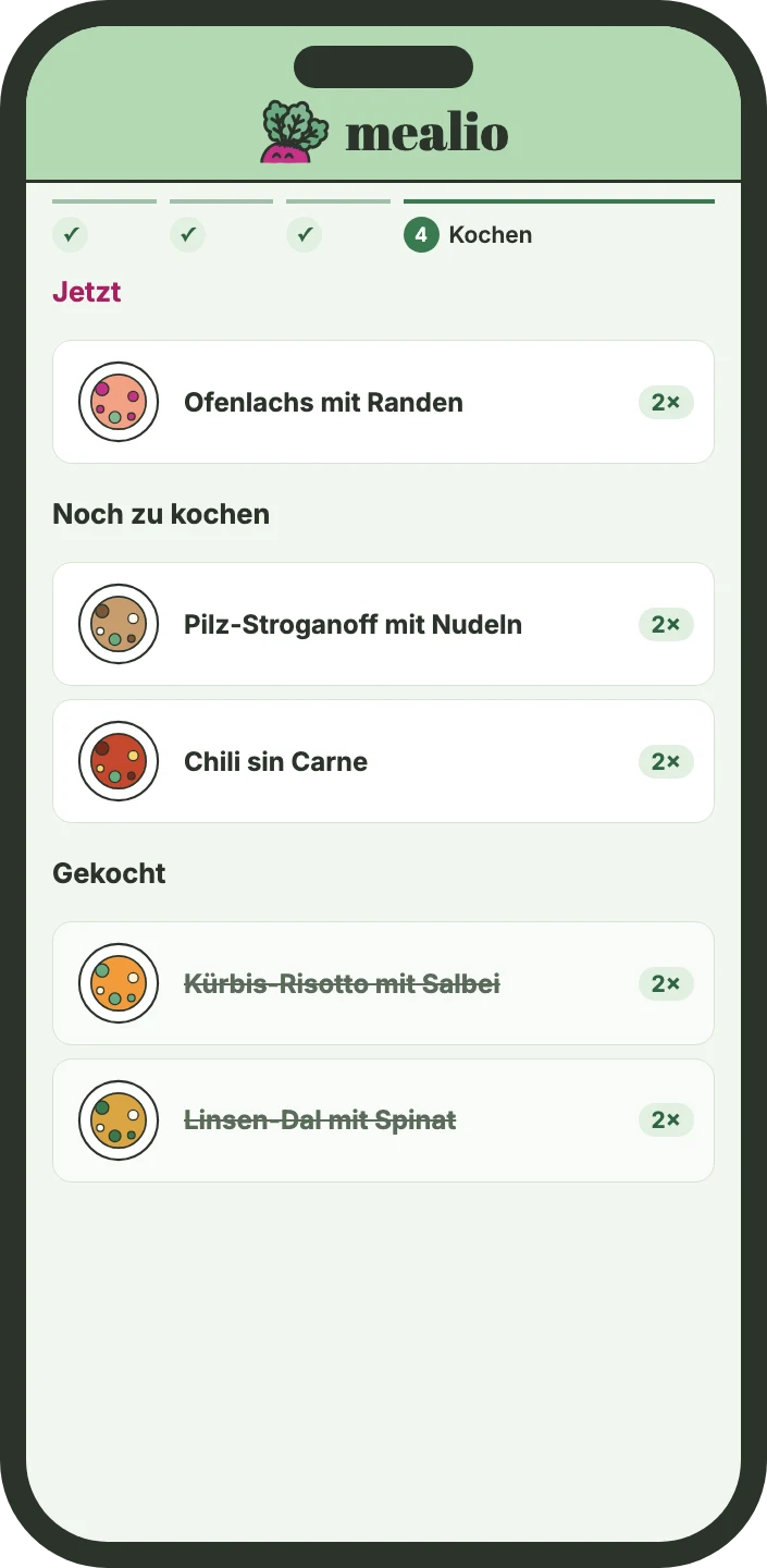 Kochplan der Woche mit den Bereichen Jetzt, Noch zu kochen und Gekocht