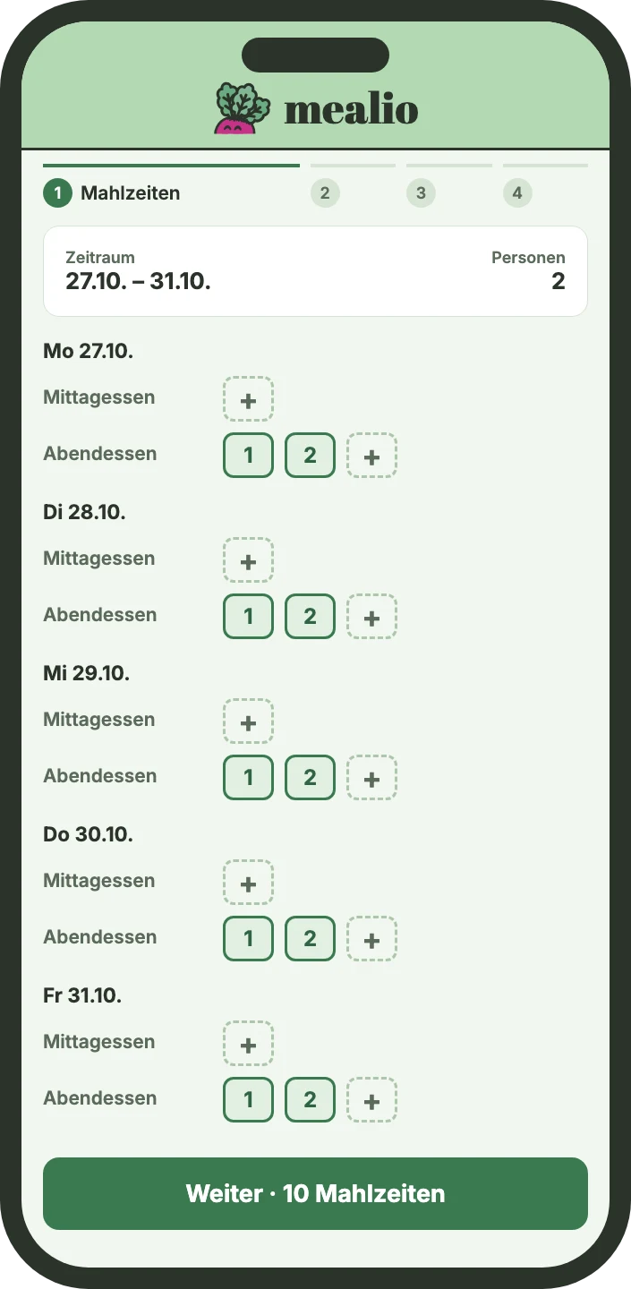 Mahlzeiten wählen: Abendessen für zwei Personen von Montag bis Freitag
