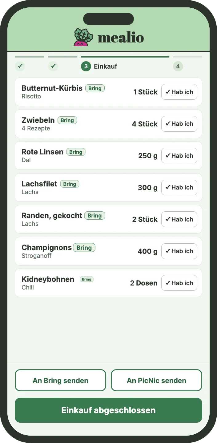 Einkaufsliste mit zusammengezählten Zutaten, an Bring gesendet